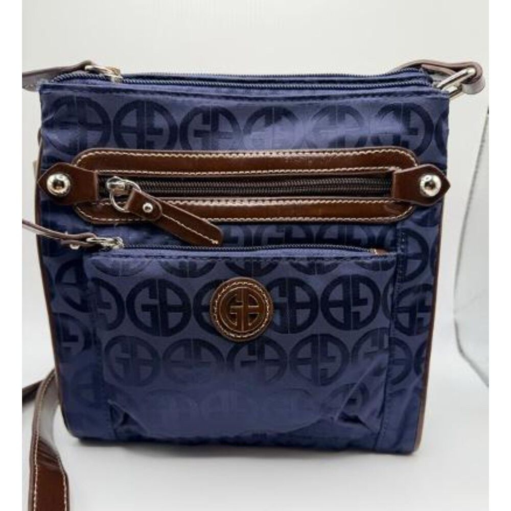 Giani Bernini Navy Blue Monogram Crossbody Bag Nylon Purse Brown Leather Trim